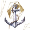 Watercolor hand drawn nautical / marine / geometric illustration with anchor, rope and golden shape crystal arrangement