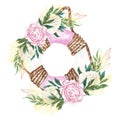 Watercolor hand drawn nautical, marine, pink floral illustration with lifebuoy, rope and flower bouquet arrangement