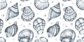 Watercolor hand drawn nautical seamless pattern with illustration of seashells, air bubbles isolated on white background Royalty Free Stock Photo