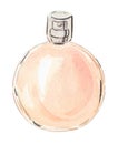 Watercolor hand drawn orange perfume glass round bottle isolated on white background