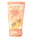 Watercolor hand drawn orange suntan cream tube with sun isolated on white background