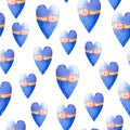 Watercolor hand drawn painted seamless pattern with blue heart shaped pillows with wooden button Royalty Free Stock Photo