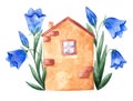 Watercolor hand drawn painted small toy house with groups of bluebell flowers on both sides of it. Aquarelle