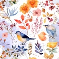 Watercolor hand drawn painting colorful birds seamless pattern. Spring summer vector ornamental background with branches, birds, Royalty Free Stock Photo