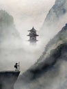 watercolor hand drawn painting landscape of the climber man and pagoda mountain in the fog.