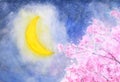 Watercolor hand drawn on paper landscape moon and pink sakura tree.