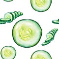 Watercolor hand drawn pattern sliced cucumber isolated on white background