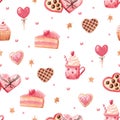 Watercolor hand drawn pattern with sweets as pie, lollipop, wafle, cooky, chocolate candies. Cartoon wallpaper in red