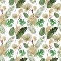 Watercolor hand-drawn pattern with tropical leaves: monstera, banana, palm and flowers and colorful stains. Royalty Free Stock Photo