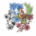 Watercolor hand drawn pattern with tropical summer flowers of and exotic birds Royalty Free Stock Photo