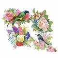 Watercolor hand drawn pattern with tropical summer flowers of and exotic birds Royalty Free Stock Photo