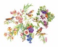 Watercolor hand drawn pattern with tropical summer flowers of and exotic birds Royalty Free Stock Photo
