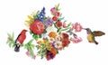 Watercolor hand drawn pattern with tropical summer flowers of and exotic birds Royalty Free Stock Photo