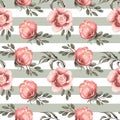 Watercolor hand drawn pink peony flowers seamless pattern, Florals repeat paper, garden florals and green stripes background.