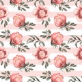 Watercolor hand drawn pink peony flowers seamless pattern, Florals repeat paper, garden florals and pink stripes background.