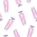 Watercolor hand drawn pink perfume bottles pattern on white background