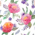 Watercolor hand drawn pink rose peony flowers and leaves floral composition bouquet seamless pattern art Royalty Free Stock Photo