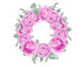 Watercolor hand drawn pink roses wreath with leaves isolated on white background. Royalty Free Stock Photo