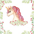 Watercolor hand drawn pink and violet unicorn card illustration with berrires, fairy tale animal creature, magical  clip art, Royalty Free Stock Photo