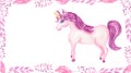 Watercolor hand drawn pink and violet unicorn card illustration with violet and pink flowers, fairy tale animal creature, magical Royalty Free Stock Photo