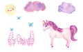 Watercolor hand drawn pink and violet unicorn card illustration with violet and pink flowers, sun, butterflies and clouds, fairy Royalty Free Stock Photo