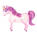 Watercolor hand drawn pink and violet unicorn illustration, fairy tale animal creature, magical  clip art, isolated on white Royalty Free Stock Photo