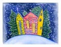 Watercolor hand drawn postcard with little cute colorful town and snowy fir on the winter decorative background.