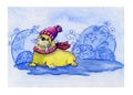 Watercolor hand drawn postcard with smile cute walrus in knitted hat and striped scarf on the winter decorative background.