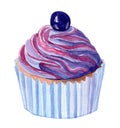 Watercolor hand drawn purple cupcake with blueberry isolated on white background