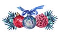 Watercolor hand-drawn red blue silver shiny decoration ball and christmas tree branch isolated on white background Royalty Free Stock Photo