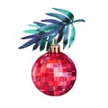 Watercolor hand drawn red shiny decoration ball and christmas tree branch isolated on white background. Creative toy Royalty Free Stock Photo