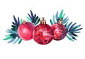 Watercolor hand-drawn red shiny decoration ball and christmas tree branch isolated on white background. Creative toy Royalty Free Stock Photo
