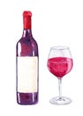 Watercolor hand drawn red wine bottle and glass isolated on white background Royalty Free Stock Photo