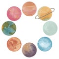 Watercolor hand drawn round frame with abstract planets of solar system Royalty Free Stock Photo