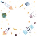 Watercolor hand drawn round frame with copy space and outer space elements rocket, stars, planet, cosmonaut, satellite etc.