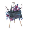 Watercolor Hand Drawn Rustic Easel with Chalk Board and Flowers