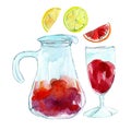 Watercolor hand drawn sangria in decanter and glass. Illustration of homemade wine with frutis