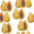 watercolor hand drawn seamles pattern with tropical exotic papaya fruit of orange yellow and green color with black Royalty Free Stock Photo