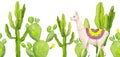 Watercolor hand drawn seamless banner with green cacti plants and white llama isolated on white background.