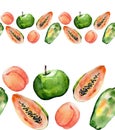 Watercolor hand drawn seamless border with green apples, peaches and papaya.