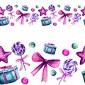 Watercolor hand drawn seamless border with pink bow, present in blue box, violet lollipops and little bubbles. Royalty Free Stock Photo