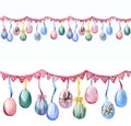 Watercolor hand drawn seamless border of pink garland with colorful Easter eggs hanging on ribbons. Bright Easter decoration