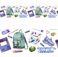 Watercolor hand drawn seamless border of school supplies: backpack, sneacker, notebooks, pens, pencil, eraser, scotch tape, paper Royalty Free Stock Photo