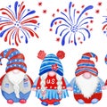 Watercolor hand drawn seamless border with 4th of july gnomes background, fourth of july Independence day patriotic Royalty Free Stock Photo