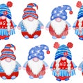 Watercolor hand drawn seamless border with 4th of july gnomes background, fourth of july Independence day patriotic Royalty Free Stock Photo