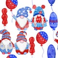 Watercolor hand drawn seamless border with 4th of july gnomes background, fourth of july Independence day patriotic Royalty Free Stock Photo