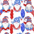 Watercolor hand drawn seamless border with 4th of july gnomes background, fourth of july Independence day patriotic Royalty Free Stock Photo