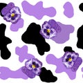 Watercolor hand drawn seamless cow print fabric pattern, black white pastel purple violet colors. Pansy flower. Cowboy