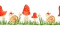 Watercolor hand drawn seamless horizontal border of amanita muscaria mushrooms with red caps in forest wood woodland Royalty Free Stock Photo