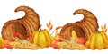 Watercolor hand drawn seamless horizontal border with cornucopia yellow pumpkings corn apple basket, fall autumn leaves Royalty Free Stock Photo